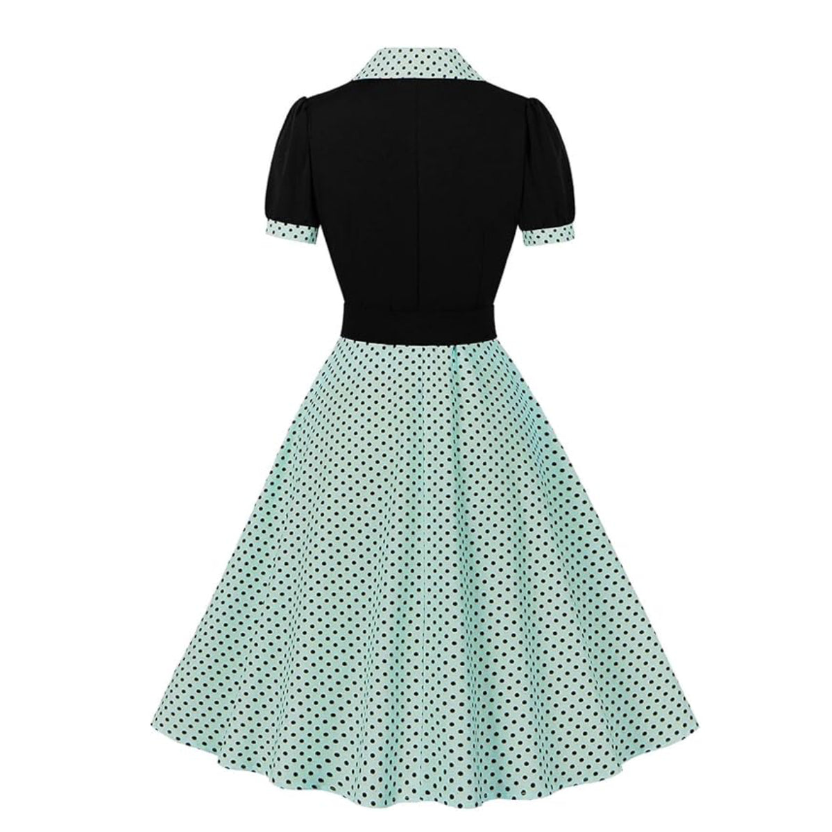 Women's 1950s Polka Dot Patchwork Lapel Collar Belted A-Line Rockabilly Dress