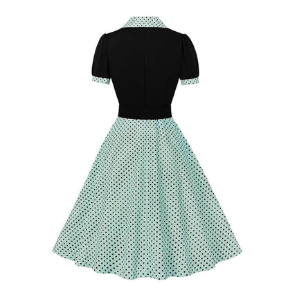 Women's 1950s Polka Dot Patchwork Lapel Collar Belted A-Line Rockabilly Dress