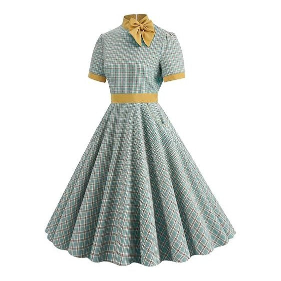 Women's 1950s Plaid Checkered Bow Tie Neck Swing Dress