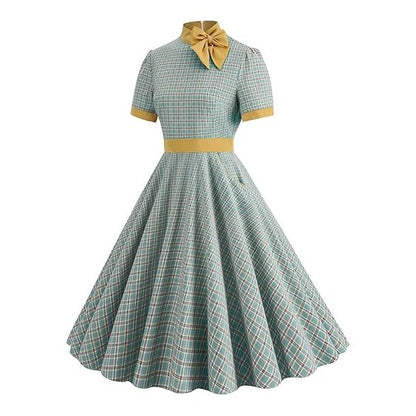Women's 1950s Plaid Checkered Bow Tie Neck Swing Dress