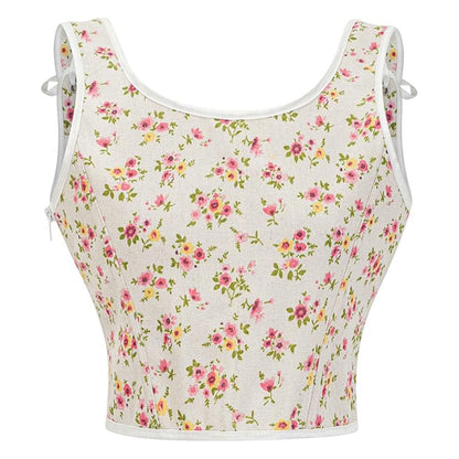 Vintage Floral Tapestry Lace-Up Front U-Back Corset Top