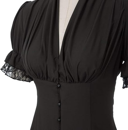 Victorian Pleated Shirt Lace Up Work Blouse - Retrorobe