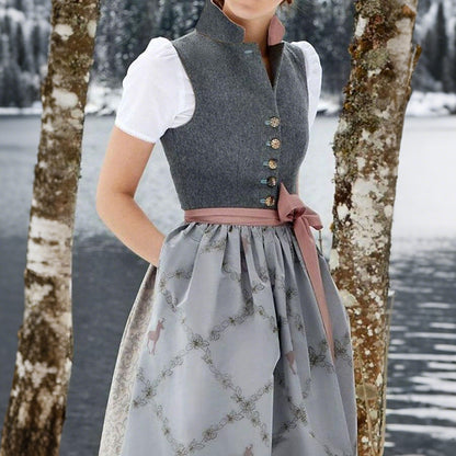 Oktoberfest Grey Elegant Dirndl Dress with Apron
