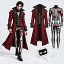 Herren-Set „Burgunderfarbener Vampirmantel und Skelett-Bodysuit“, 3-teilig