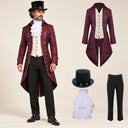 Men's Burgundy Floral Tailcoat Victorian Gentleman 4-Piece Costume Set