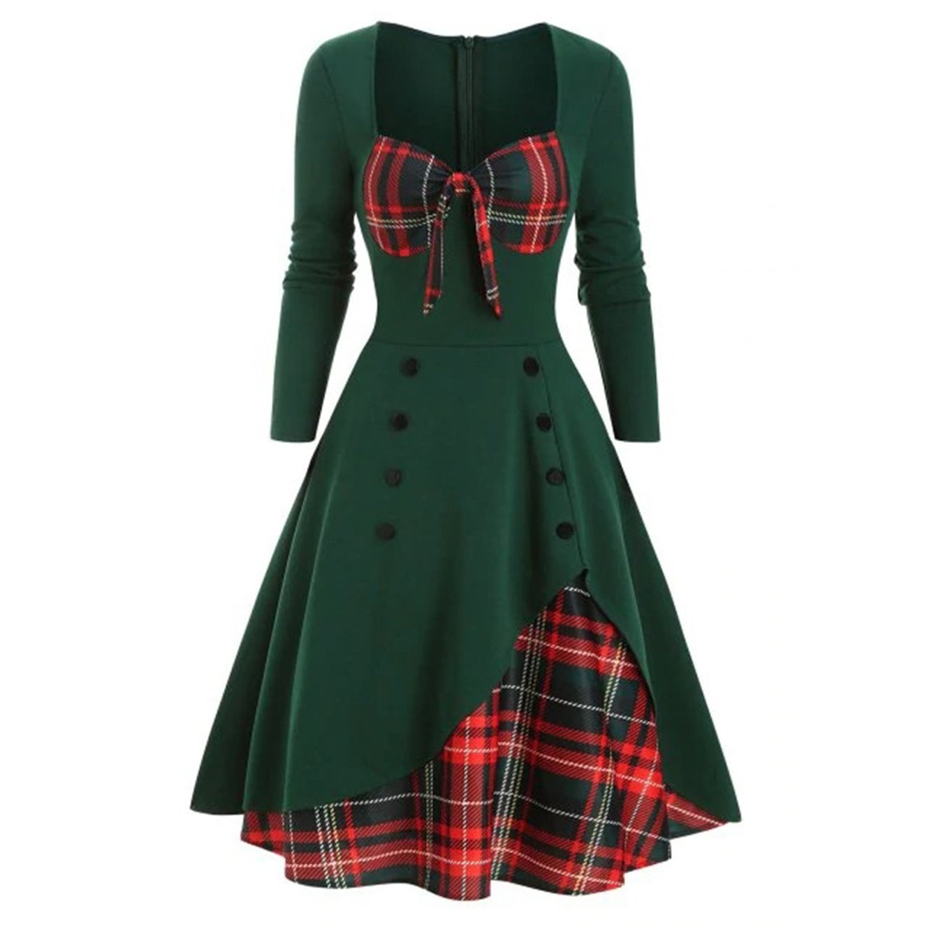 Retro Tie-Front Plaid Xmas Party Dress