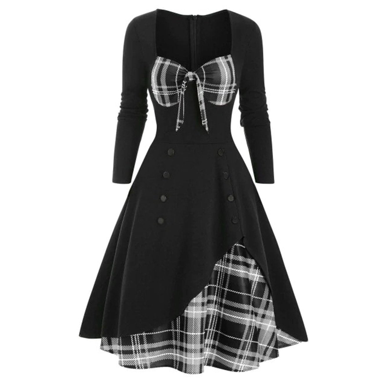 Retro Tie-Front Plaid Xmas Party Dress