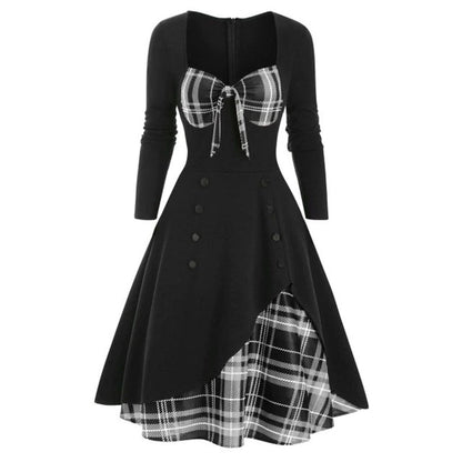 Retro Tie-Front Plaid Xmas Party Dress