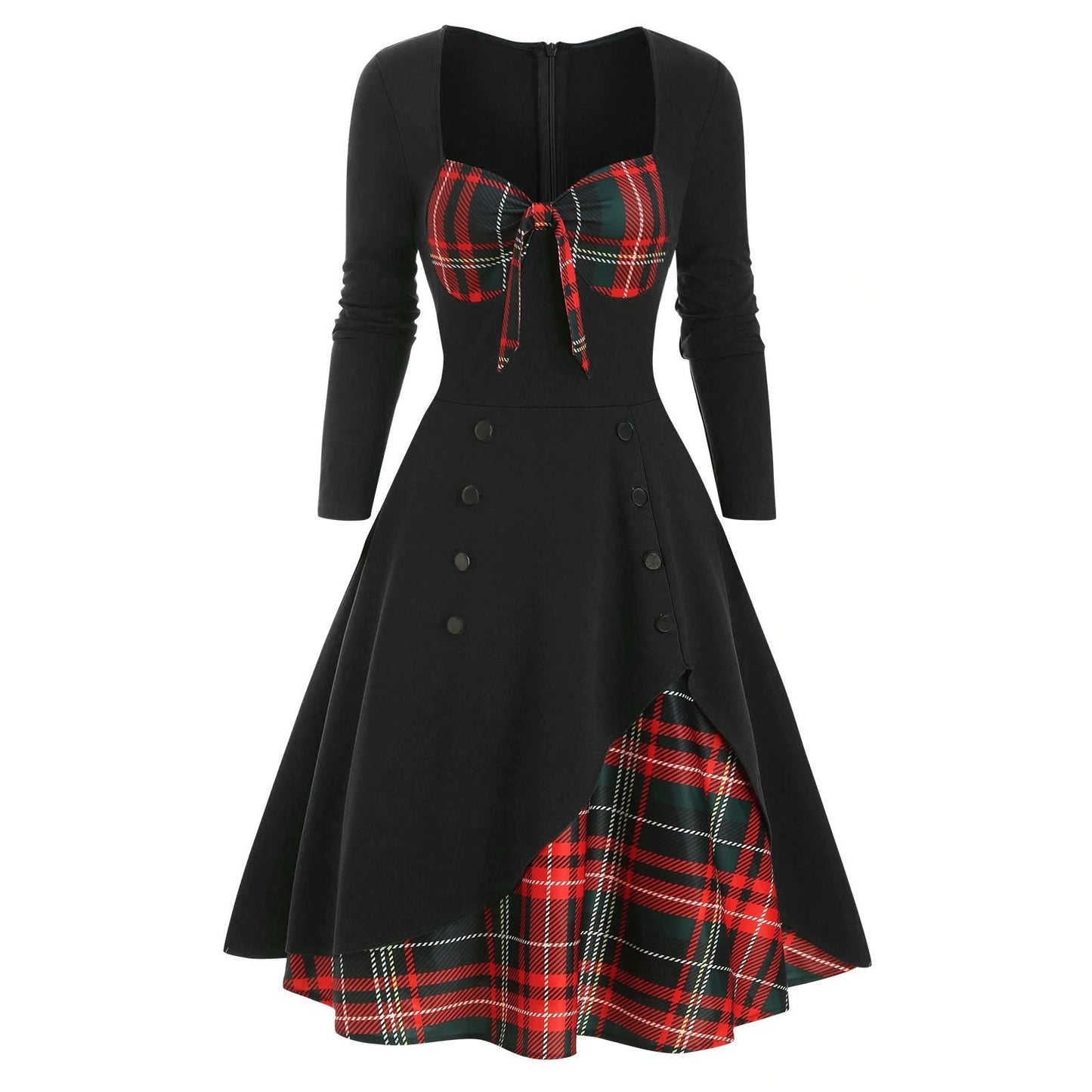 Retro Tie-Front Plaid Xmas Party Dress