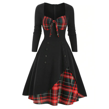 Retro Tie-Front Plaid Xmas Party Dress