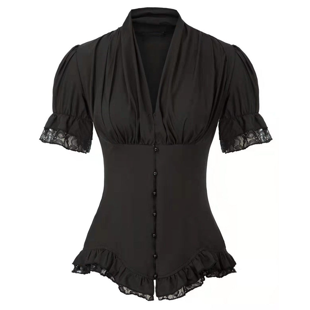 Victorian Pleated Shirt Lace Up Work Blouse - Retrorobe