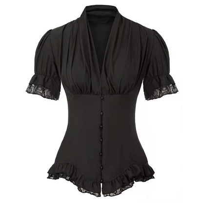 Victorian Pleated Shirt Lace Up Work Blouse - Retrorobe