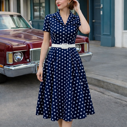 Polka Dot Lapel Collar Midi Dress