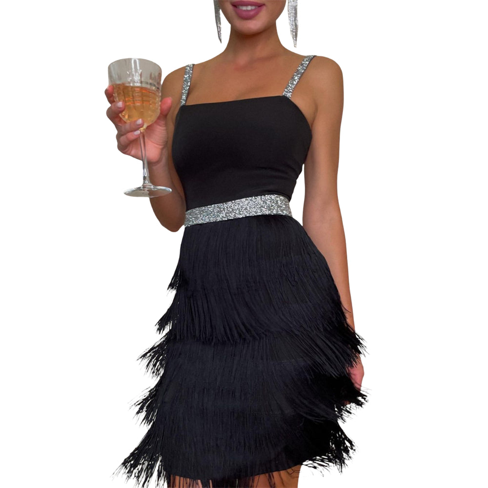 Glitter Strap Tiered Fringe Mini Dress