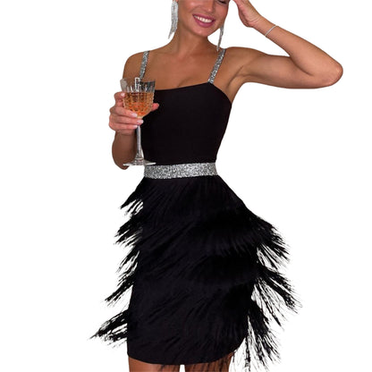 Glitter Strap Tiered Fringe Mini Dress