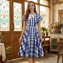 Gingham Plaid Bow Collar Midi Dress