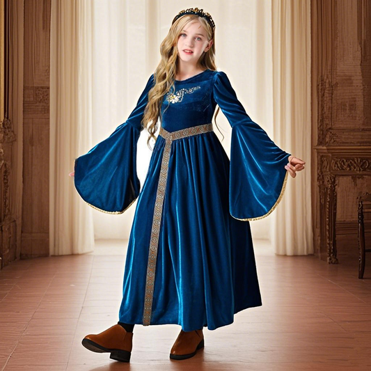 Children's Medieval Retro Suede Dress with Bell Sleeves