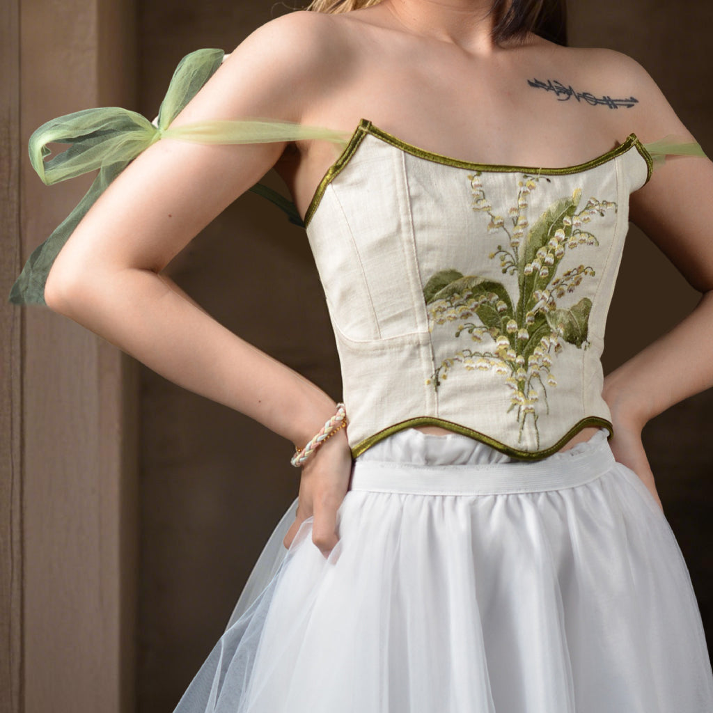 Renaissance Style Embroidered  Corset Vest Bustie with Tulle Straps