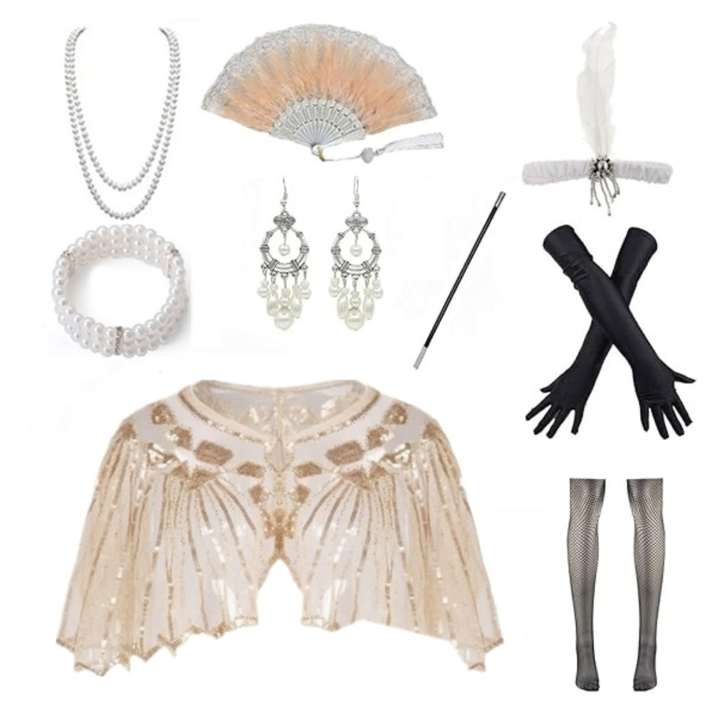 9PCS Beige Gatsby Accessory Set with Sequin Shawl