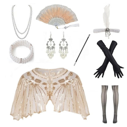9PCS Beige Gatsby Accessory Set with Sequin Shawl