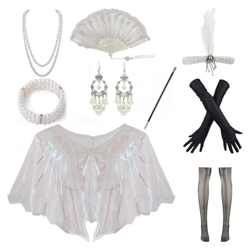 9PCS Beige Gatsby Accessory Set with Sequin Shawl