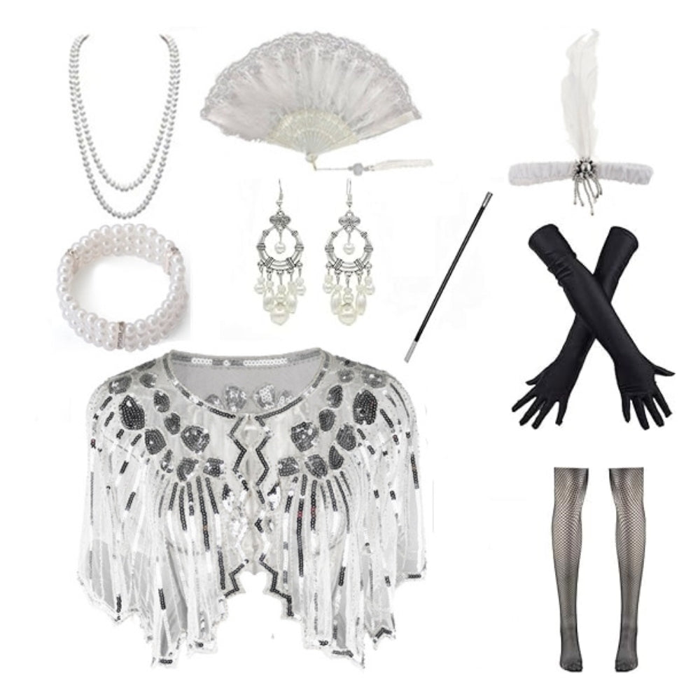 9PCS Beige Gatsby Accessory Set with Sequin Shawl