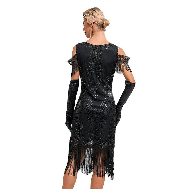 Plunging V-Neck Beaded Flapper Dress