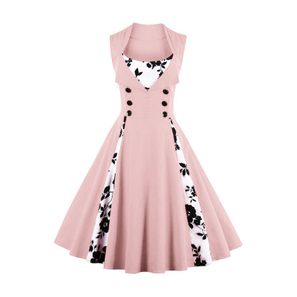 Women's 1950s Floral Patchwork Lapel Collar Sleeveless A-Line Tea Party Dress