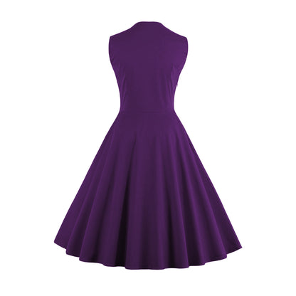 Women's 1950s Floral Patchwork Lapel Collar Sleeveless A-Line Tea Party Dress