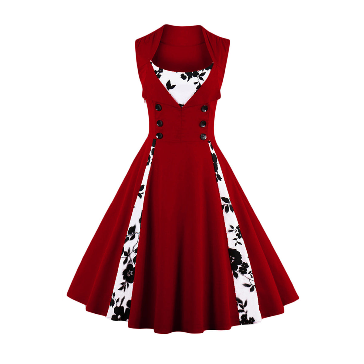 Women's 1950s Floral Patchwork Lapel Collar Sleeveless A-Line Tea Party Dress