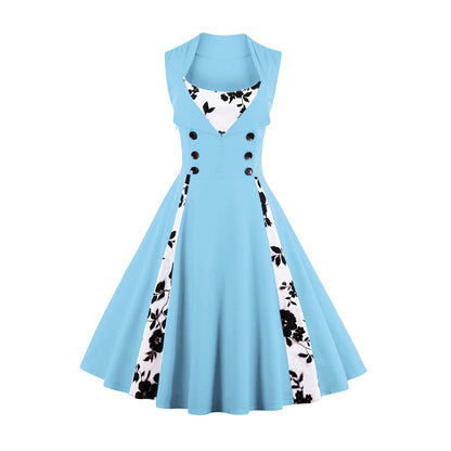 Women's 1950s Floral Patchwork Lapel Collar Sleeveless A-Line Tea Party Dress