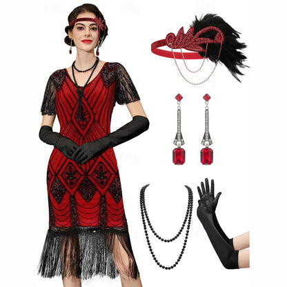 Art Deco Fringe Flapper Dress with Accessories Set