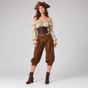 Women's Brown Pirate 4-Piece Costume Set with Corset Look