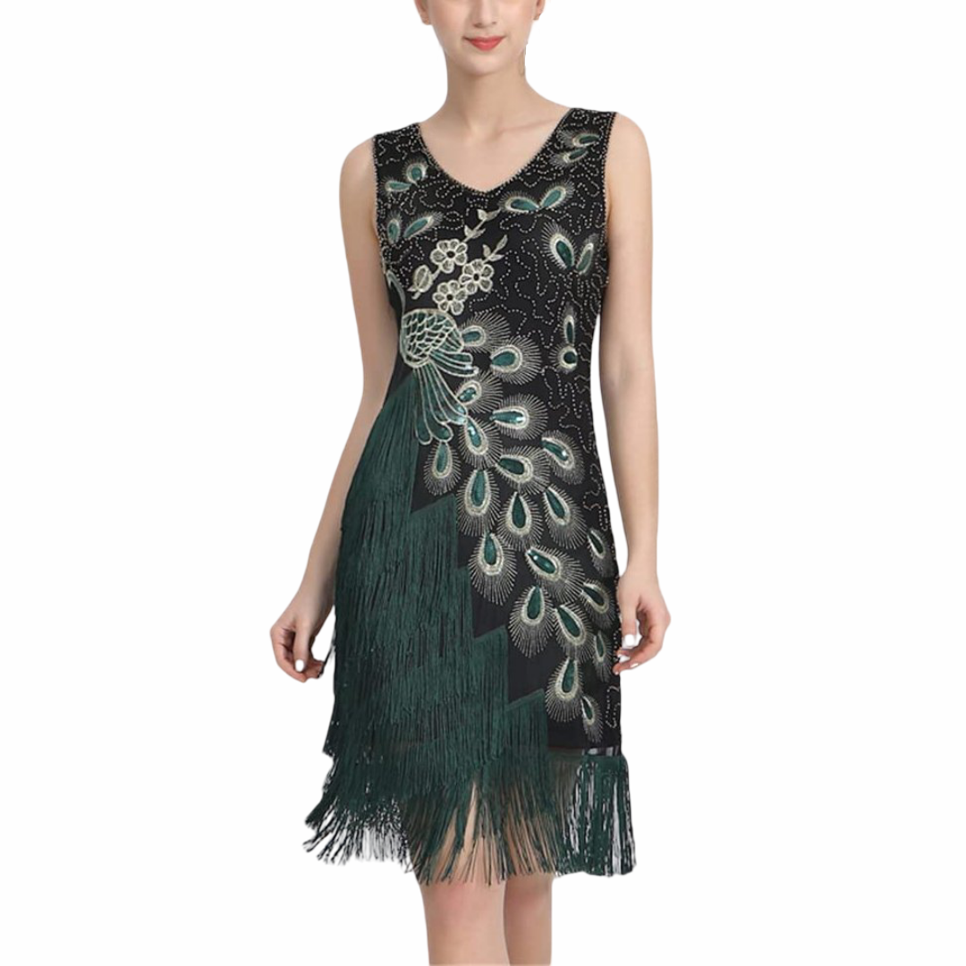 Green Tassel Peacock Flapper Dress with ACCs