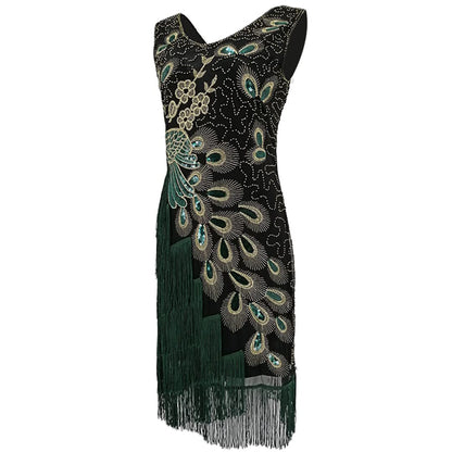 Green Tassel Peacock Flapper Dress with ACCs