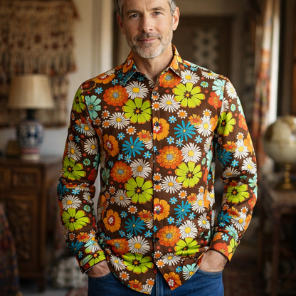 Retro 70S Boho Floral Long Sleeves Collar Shirt