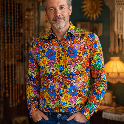 Retro 70S Psychedelic All-Over Floral Print Long Sleeves Collar Shirt