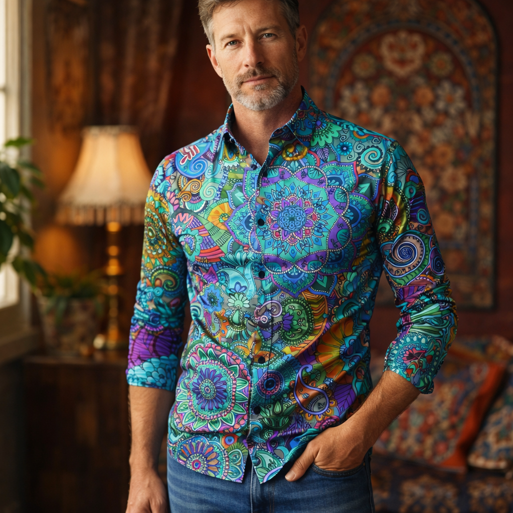 Retro 70S Psychedelic Mandala Paisley Long Sleeves Collar Shirt