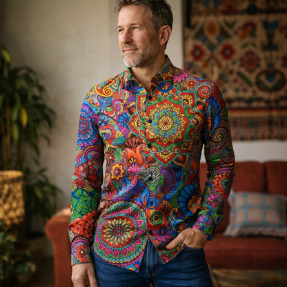 Retro 70S Psychedelic Mandala Paisley Long Sleeves Collar Shirt