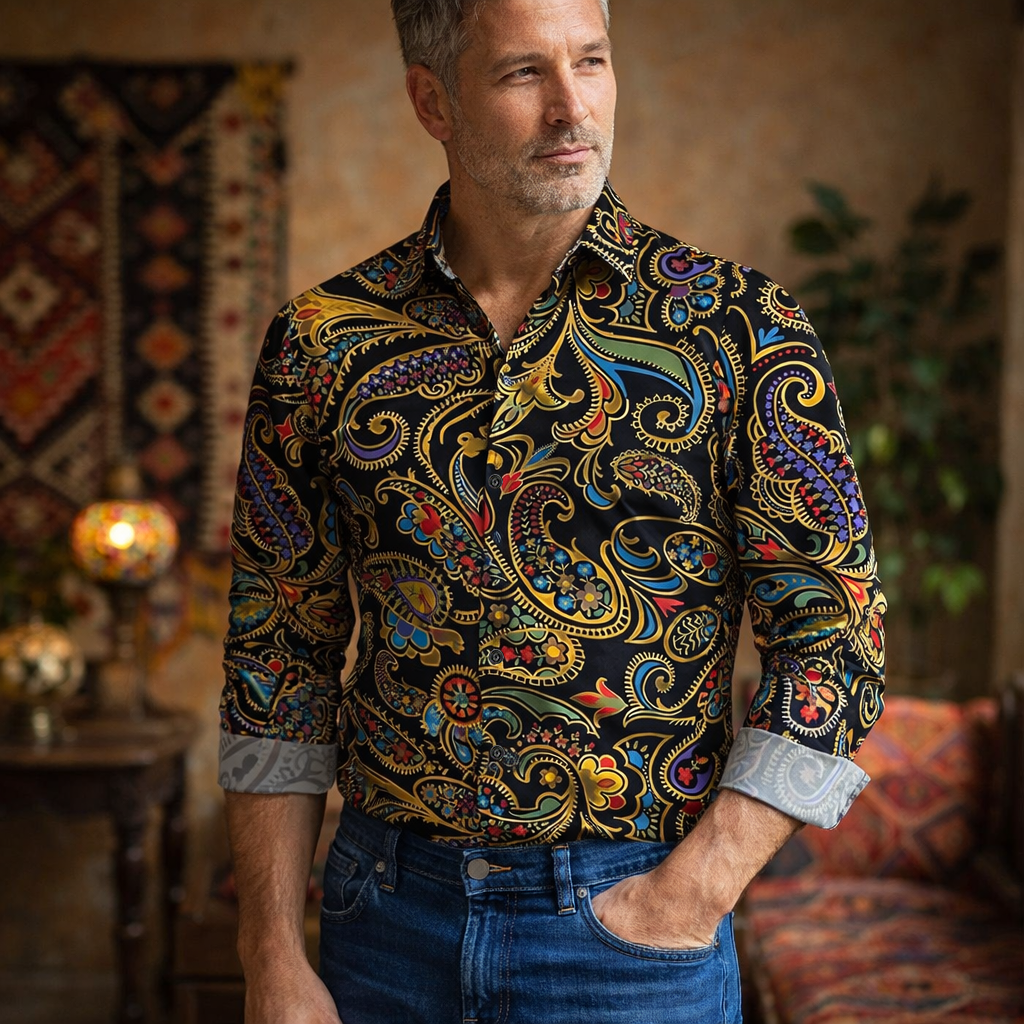 Retro 70S Psychedelic Mandala Paisley Long Sleeves Collar Shirt