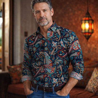 Retro 70S Psychedelic Mandala Paisley Long Sleeves Collar Shirt