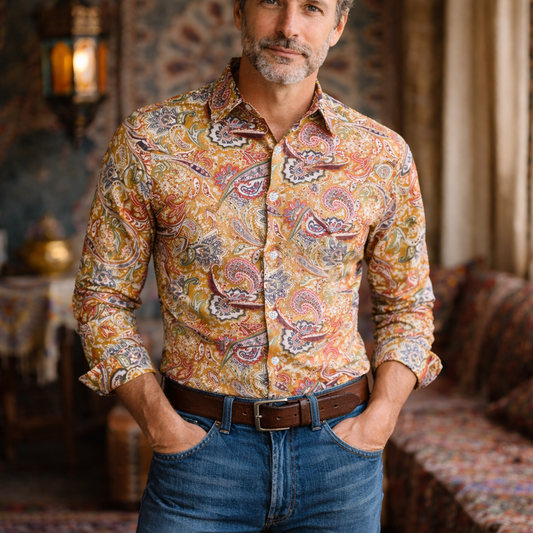 Retro 70S Classic Paisley Long Sleeves Collar Shirt in Orange