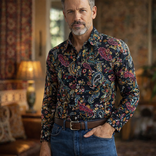 Retro 70S Classic Paisley Long Sleeves Collar Shirt in Black