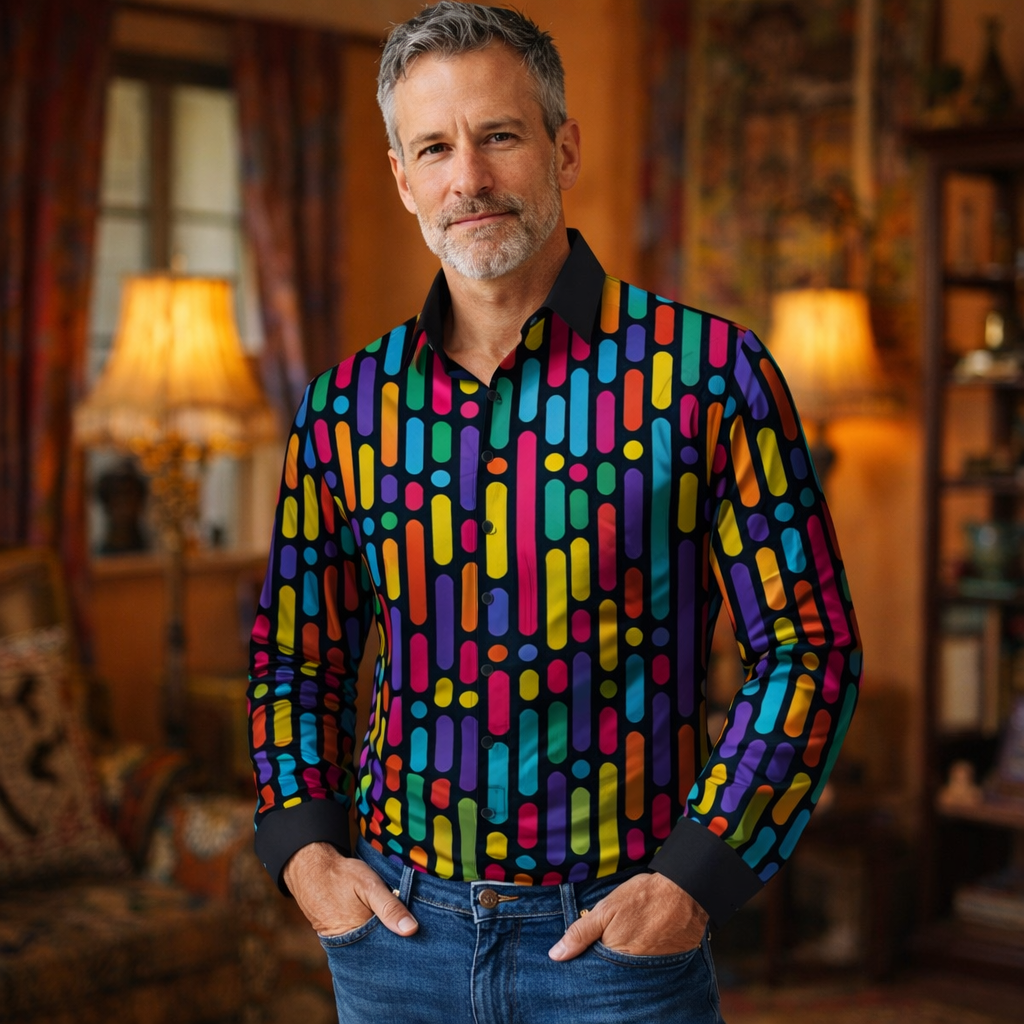 Retro 70S Neon Geometric Bar Long Sleeves Collar Shirt