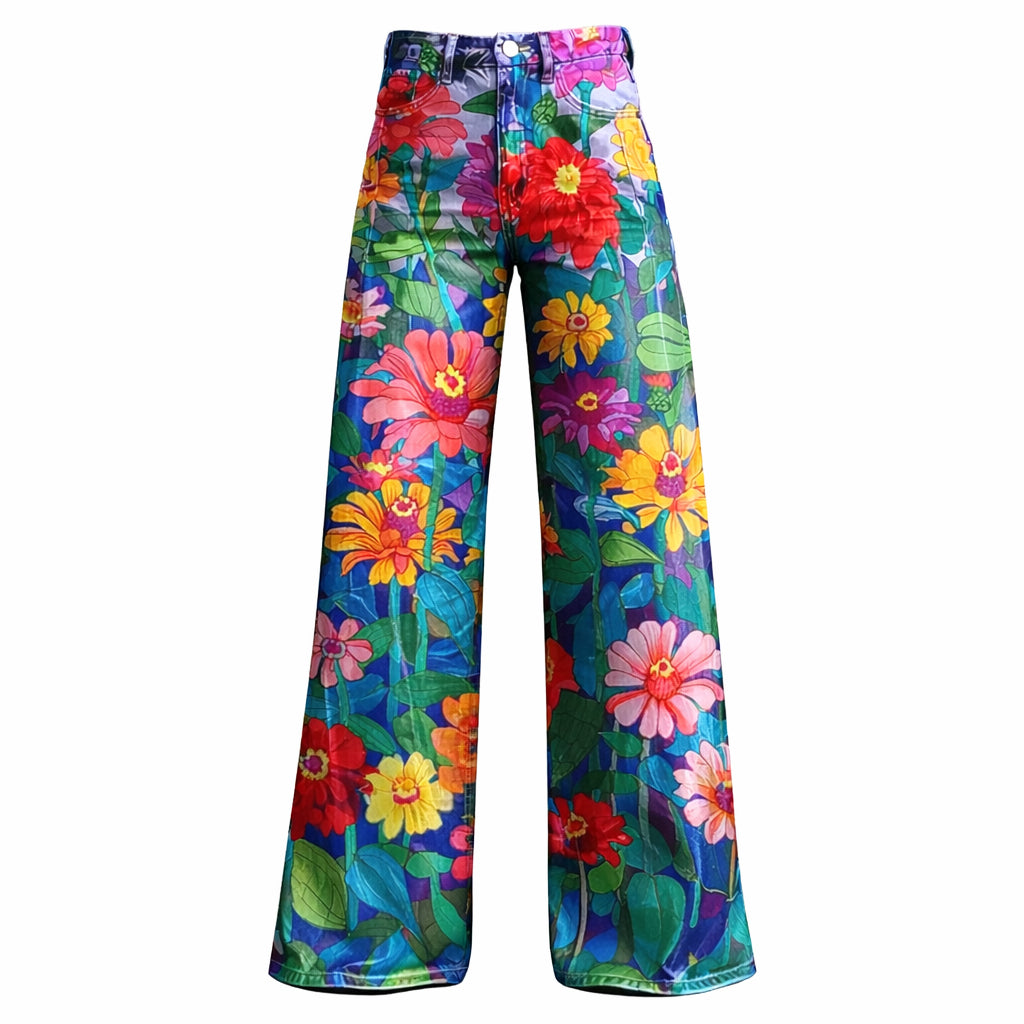 Retro 70s Bold Tropical Floral High Waist Wide Flared Trousers