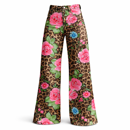Retro 70s Leopard Floral High Waist Wide Flared Trousers