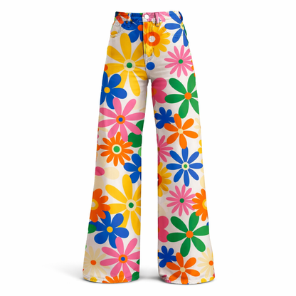 Retro 70s Psychedelic Floral Daisy High Waist Wide Flared Trousers