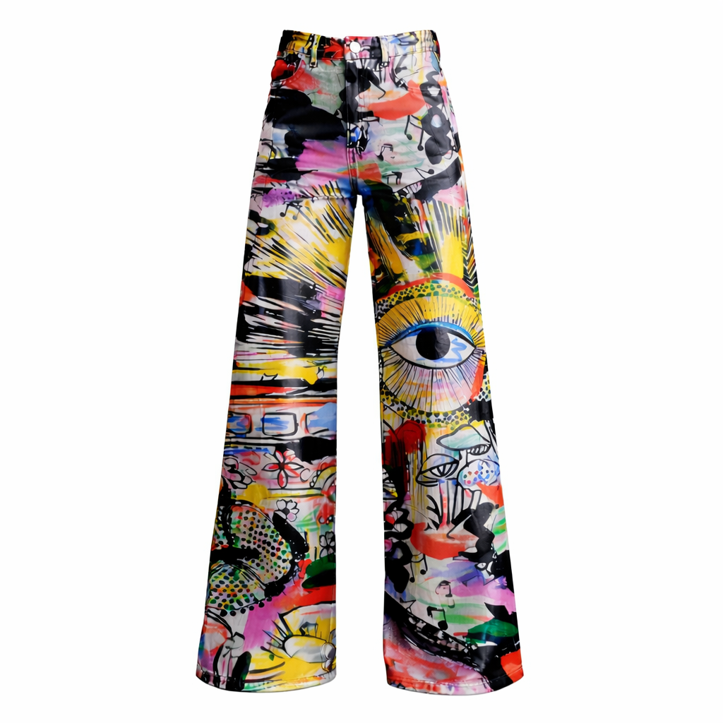 Retro 70s Pop Art High Waist Wide Flared Trousers