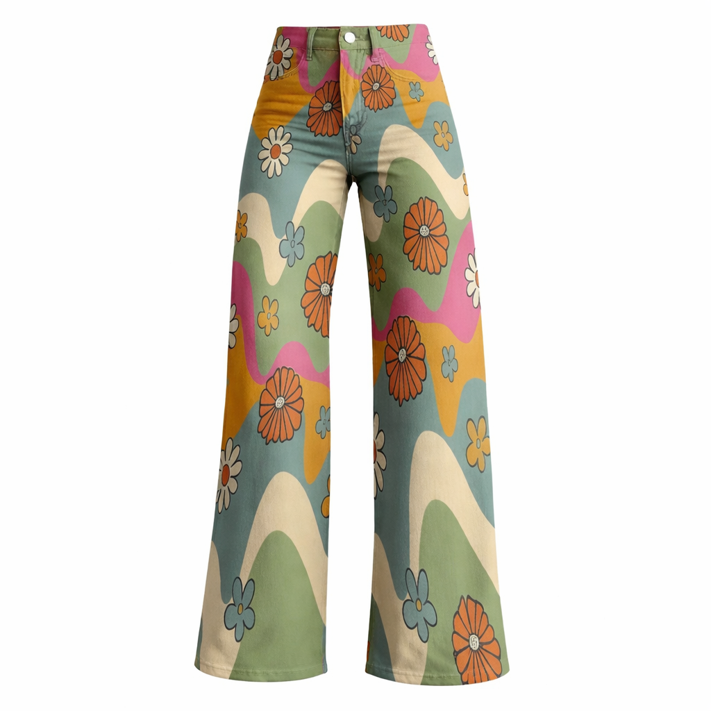 Retro 70s Boho Groovy High Waist Wide Flared Trousers