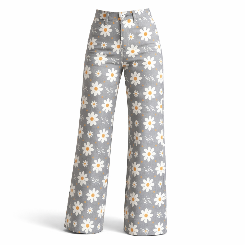 Retro 70s Daisy High Waist Wide Flared Trousers